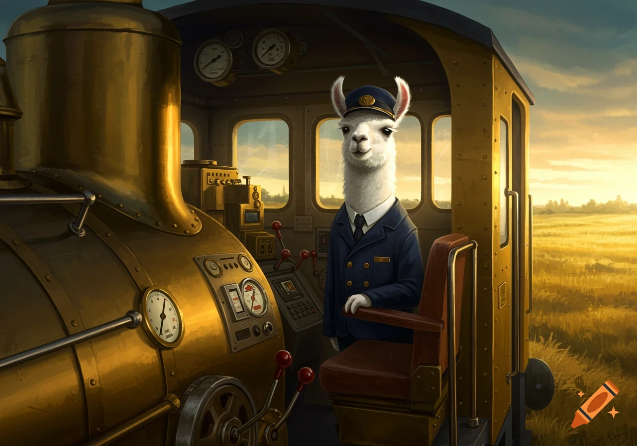 A white llama in a conductor's uniform stands in the golden cab of a train, with a sunny field outside.