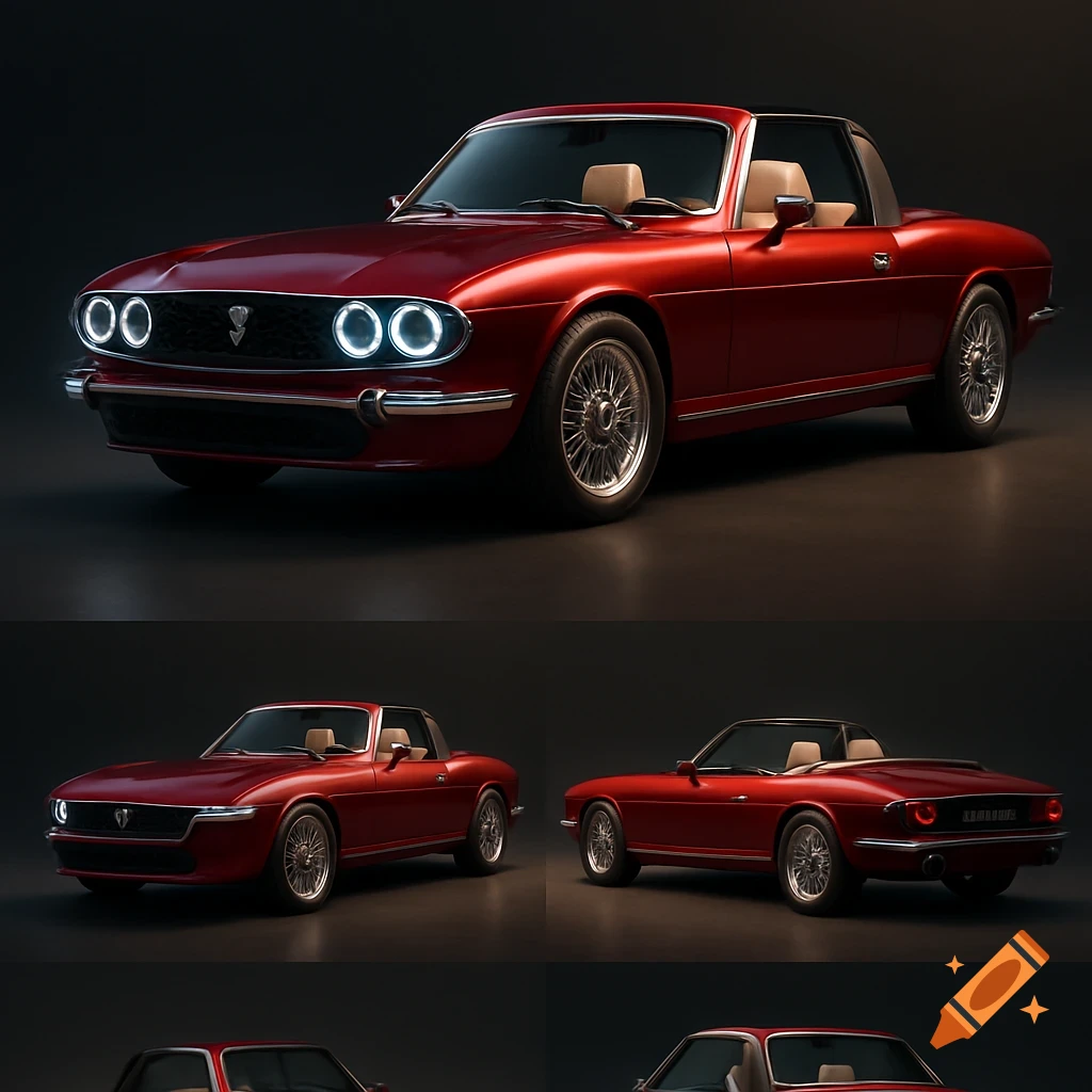 A red classic-style convertible car with modern angel-eye headlights and chrome accents, shown from front, side, and rear views.