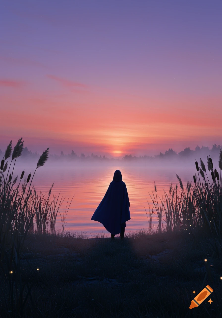 A person in a dark cloak stands on the edge of a misty lake during a vibrant sunset.