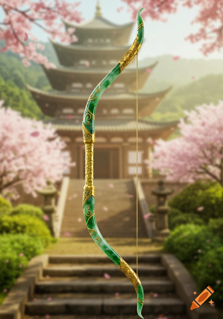 A jade and gold ornate archery bow stands vertically in front of a blurred traditional Japanese temple with pink cherry blossoms.