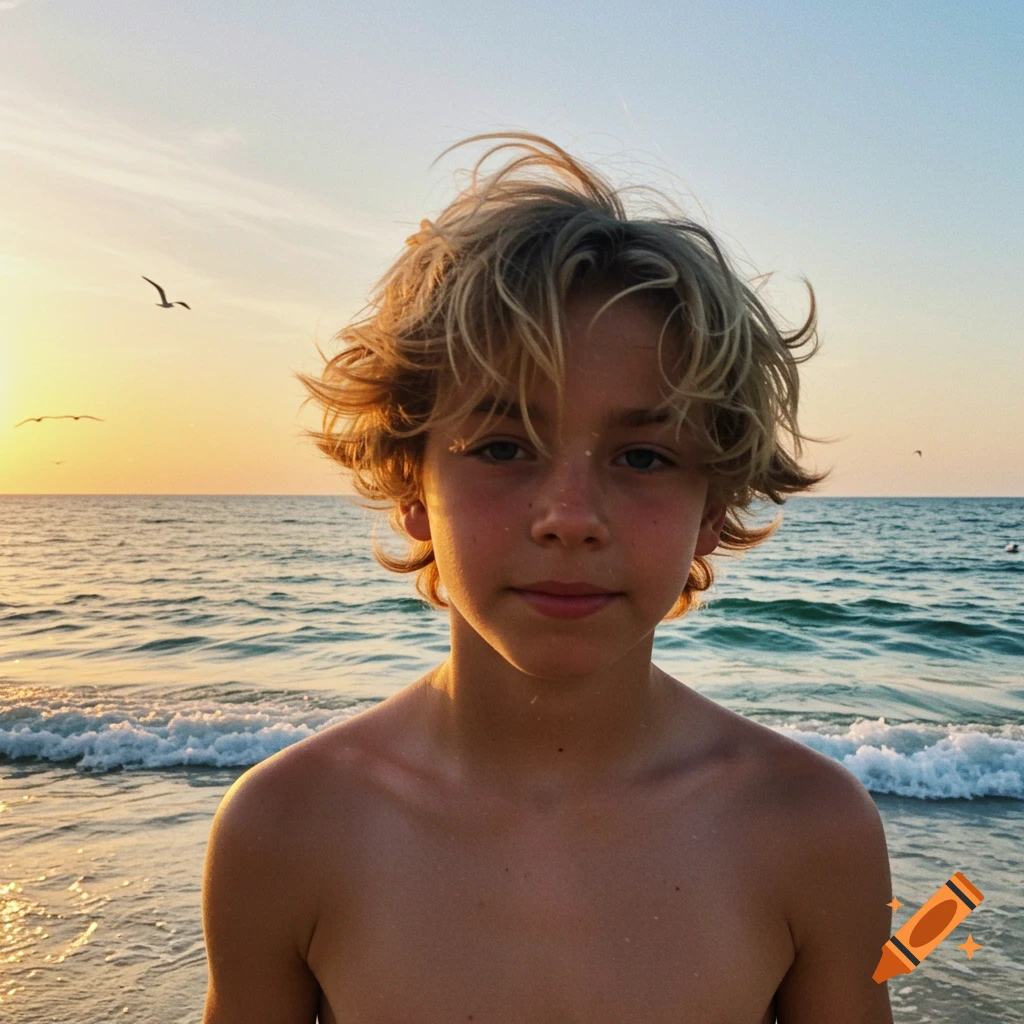 A blonde boy stands shirtless in the ocean at sunset, with waves and birds in the sky.