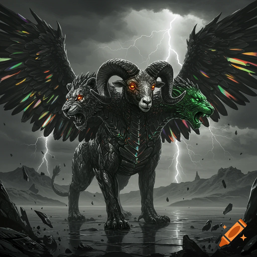 A dark three-headed chimera with lion, ram, and green dragon heads, with wings, stands in a stormy landscape with lightning.