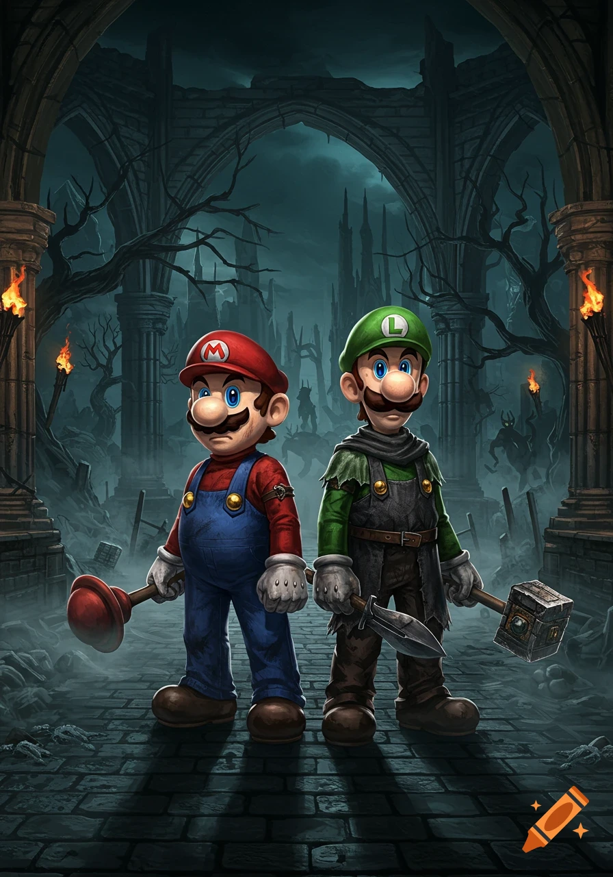 Mario and Luigi in a dark fantasy setting, holding a plunger and a hammer, standing in a ruined gothic castle.