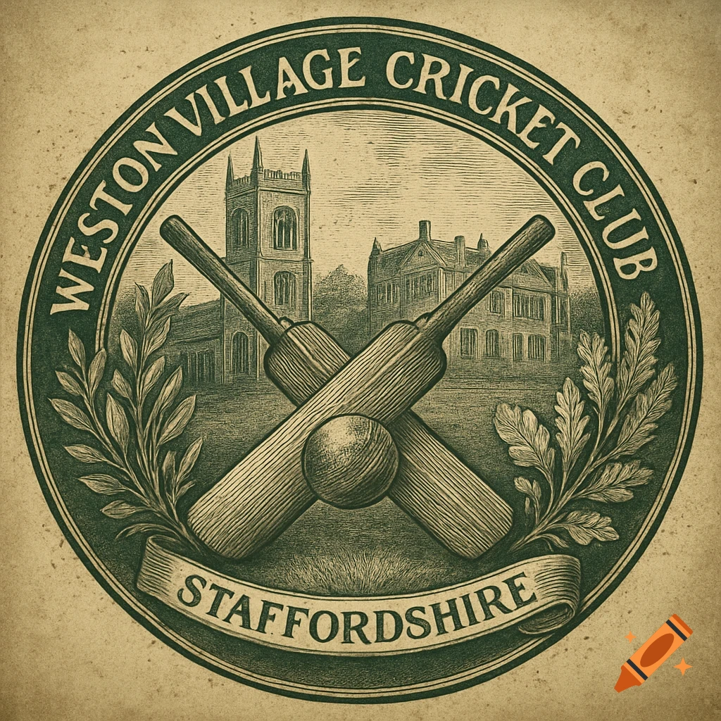 Vintage engraved emblem for Weston Village Cricket Club, featuring bats, ball, church, hall, and text.
