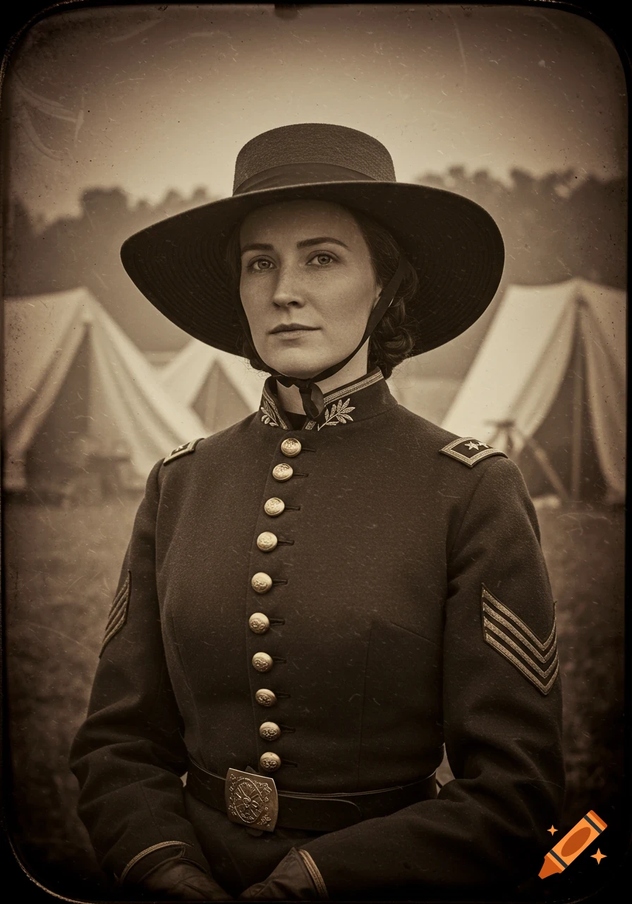 Sepia-toned portrait of a woman in a Civil War Confederate general's uniform standing in front of tents.