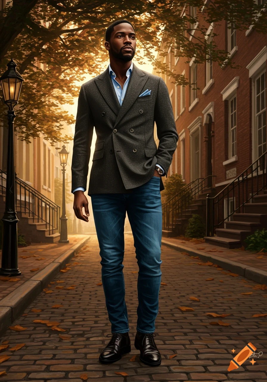 Photorealistic image of a stylish man in a gray double-breasted blazer and jeans walking on a cobblestone street lined with buildings and autumn trees.
