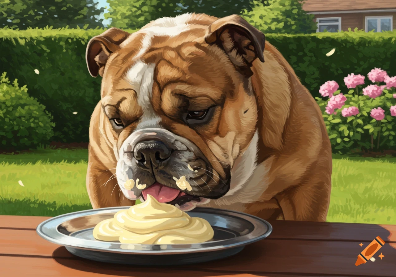 A brown and white bulldog eagerly eats a pile of creamy food from a metal plate on a wooden table in a sunny garden, rendered in a painted style.