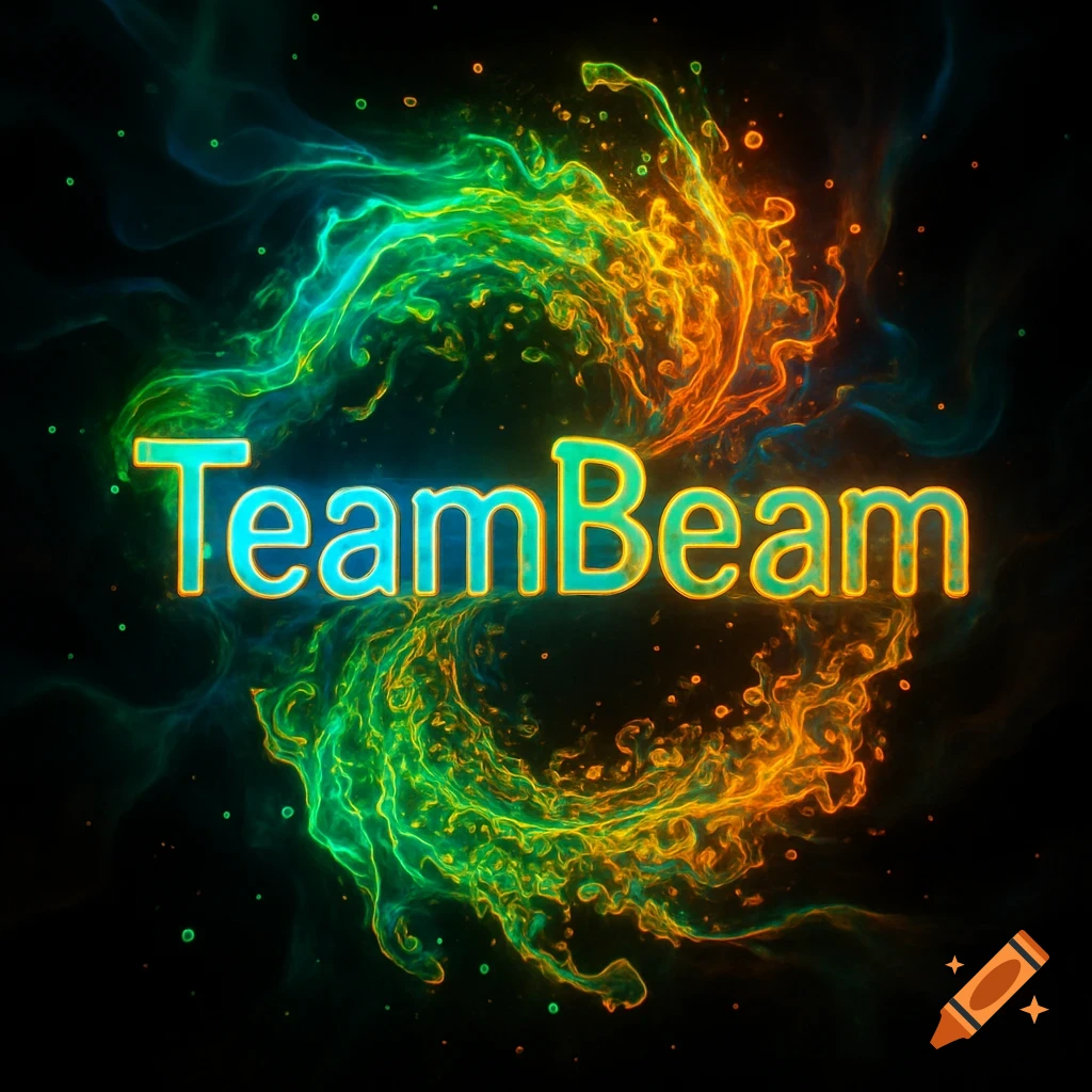 Glowing 'TeamBeam' text in blue and orange with vibrant green and orange abstract energy swirls on a dark background.