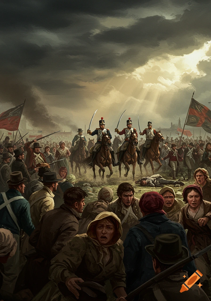Dramatic historical illustration of cavalry charging a crowd of civilians under a stormy sky with sun rays.