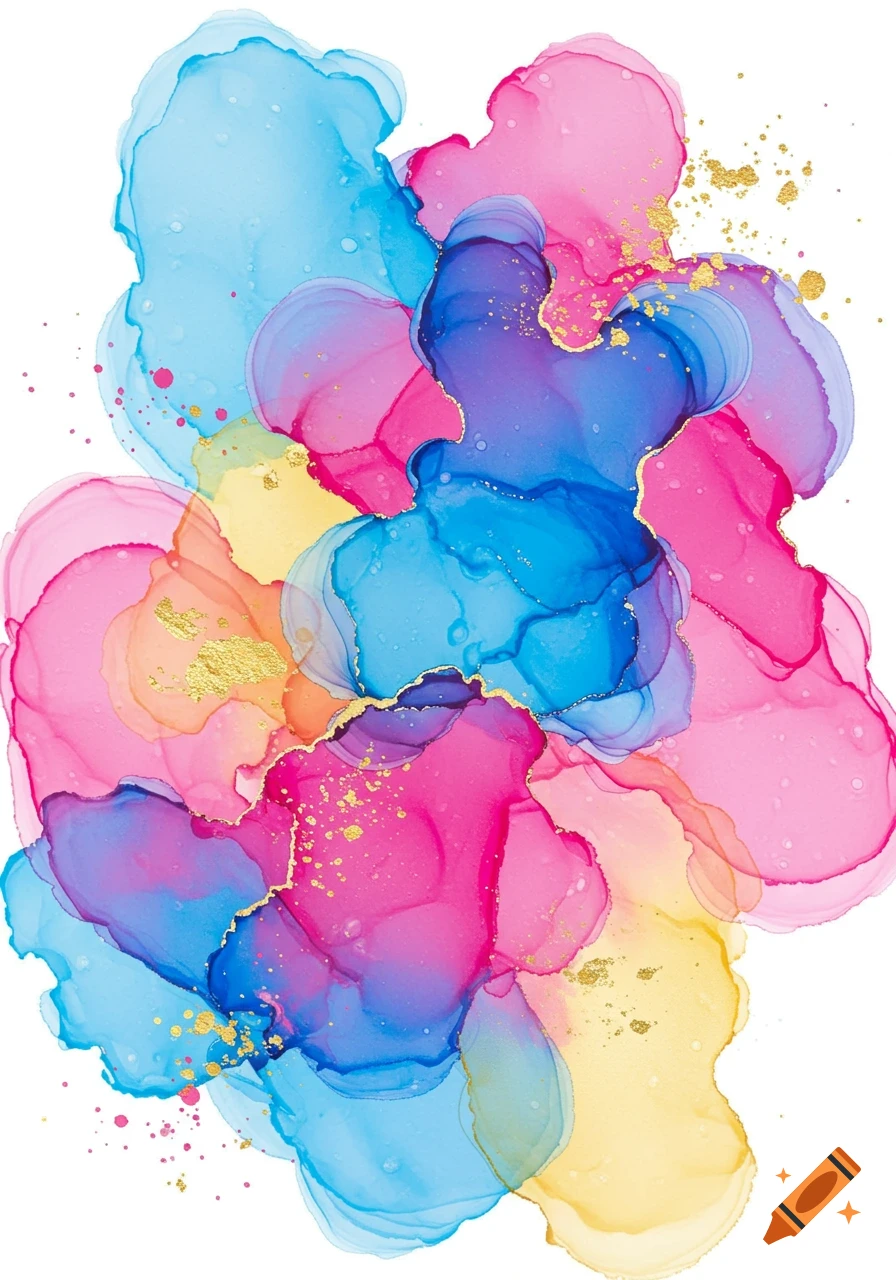 Abstract watercolor painting with vibrant pink, blue, and yellow flowing shapes, accented with shimmering gold specks and lines.