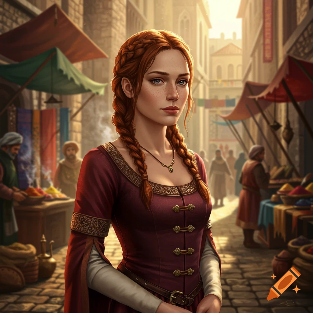 A digital illustration of a red-haired woman with braided pigtails in a medieval dress, standing in a bustling market.
