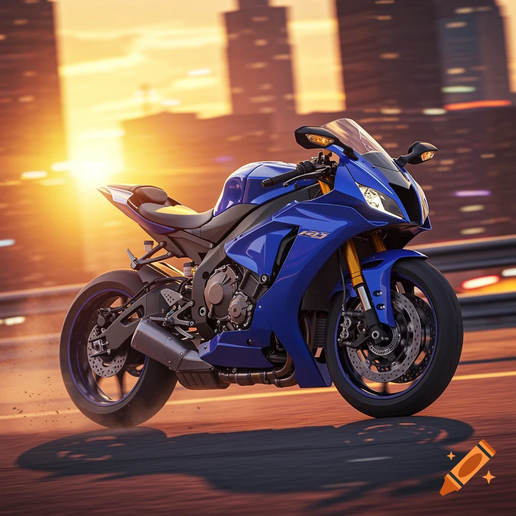 A blue sports motorcycle on a road with a city skyline at sunset in a photorealistic style.