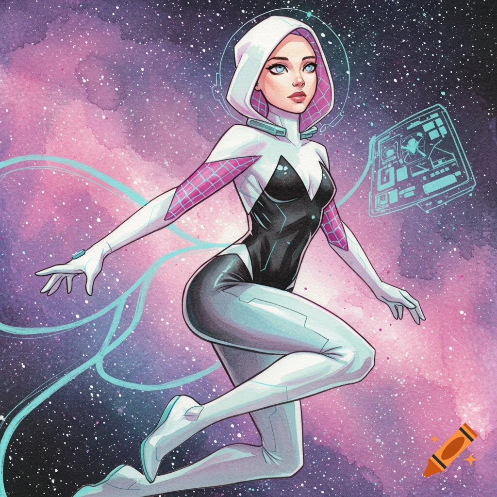 A stylized watercolor illustration of a woman resembling Gwen Stacy in a white, black, and pink space suit, floating in a vibrant purple and pink galaxy with stars.