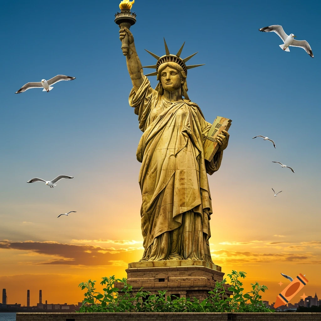 A photorealistic image of the Statue of Liberty at sunset, with seagulls flying around it and a city skyline in the background.