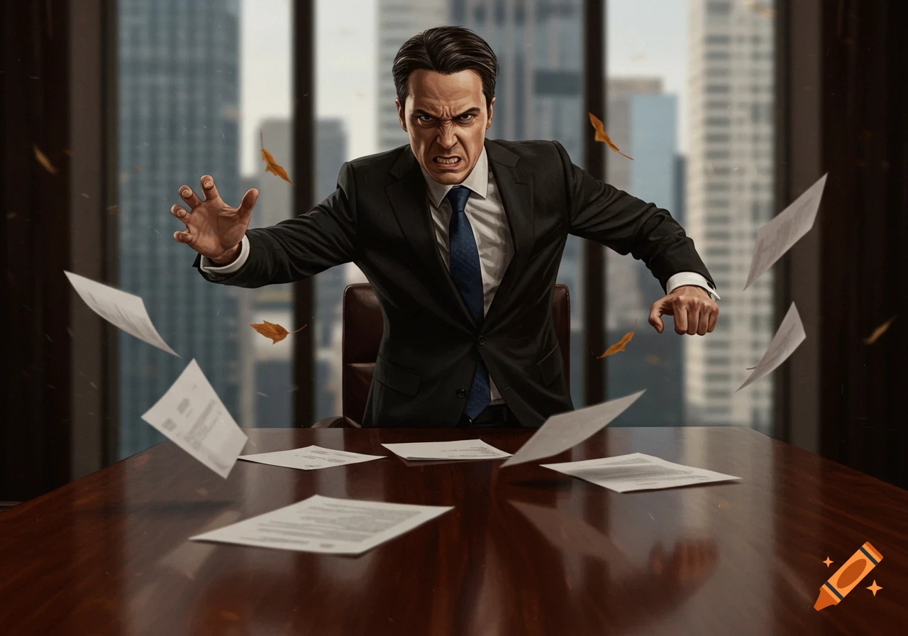 An angry man in a suit in an office, with papers and leaves flying around him in a fit of rage.