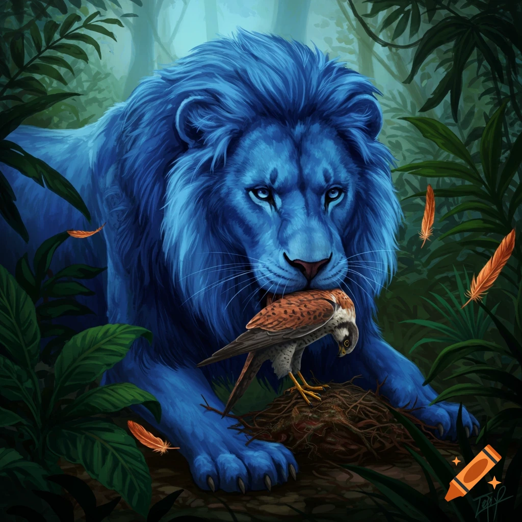 A vibrant blue lion with a majestic mane holds a brown falcon in its mouth, standing over a nest in a lush green jungle.