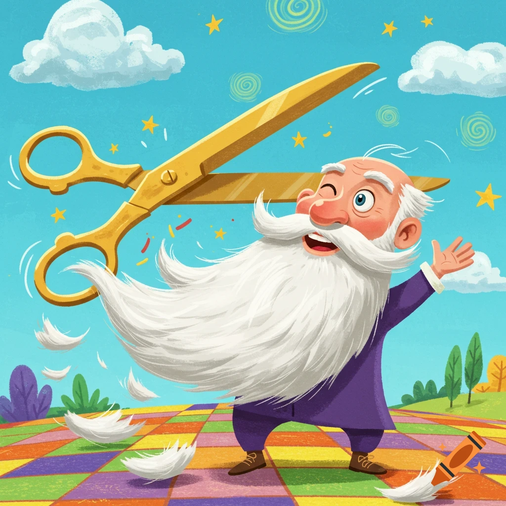 A whimsical cartoon illustration of an old man with a long white beard getting a trim from giant golden scissors under a blue sky.