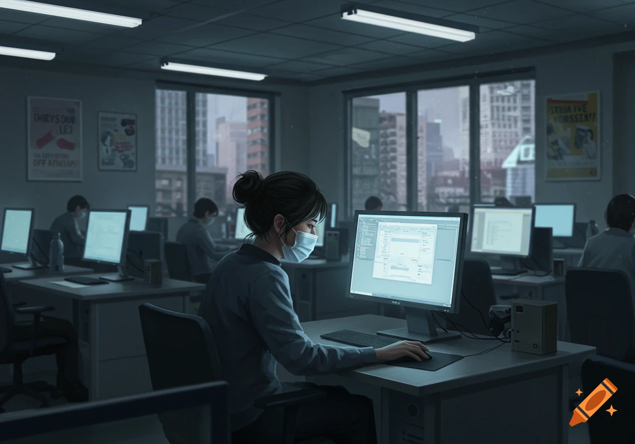 A woman in a face mask sits at a desk, looking at a computer monitor in a dimly lit office. Other masked people are visible in the background.