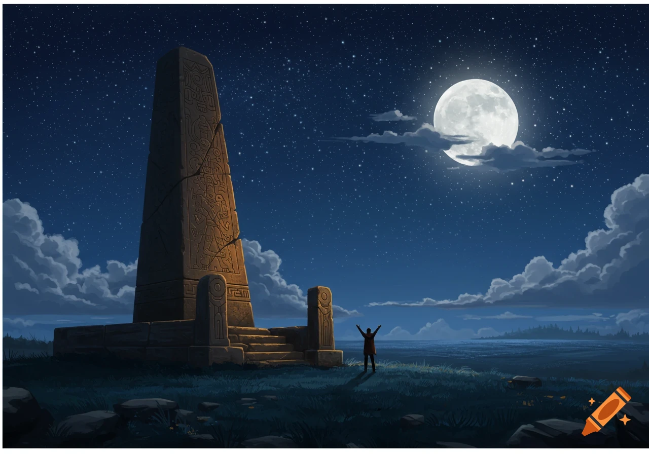 A lone figure stands before a tall, ancient monument under a bright full moon and starry night sky in a vast, dark landscape.