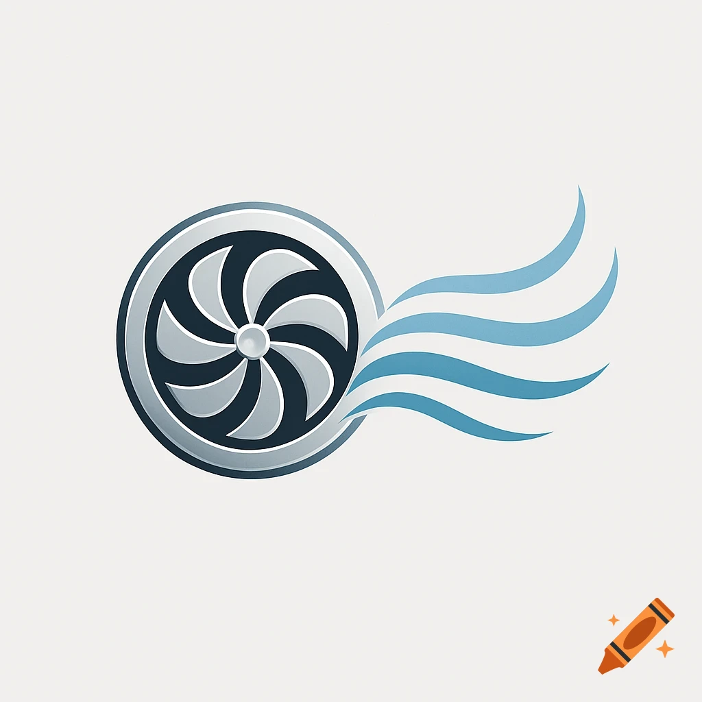 A logo featuring a circular fan or vent with swirling blades and blue wavy lines representing air flow.