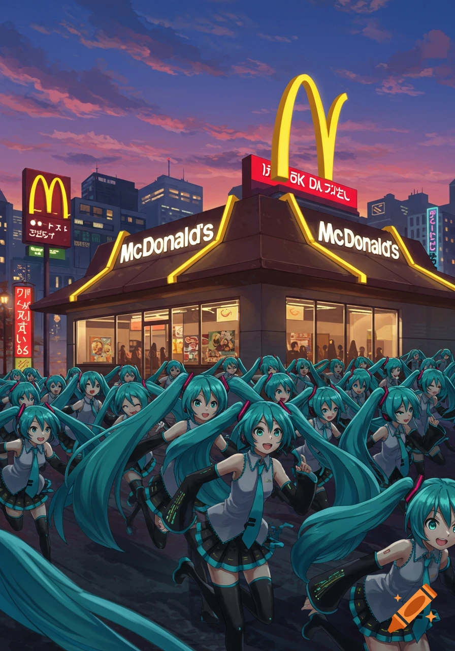 A large crowd of Hatsune Miku clones runs enthusiastically towards a brightly lit McDonald's restaurant in a city at dusk, with buildings and a colorful sky in the background. The anime characters are animated and eager.