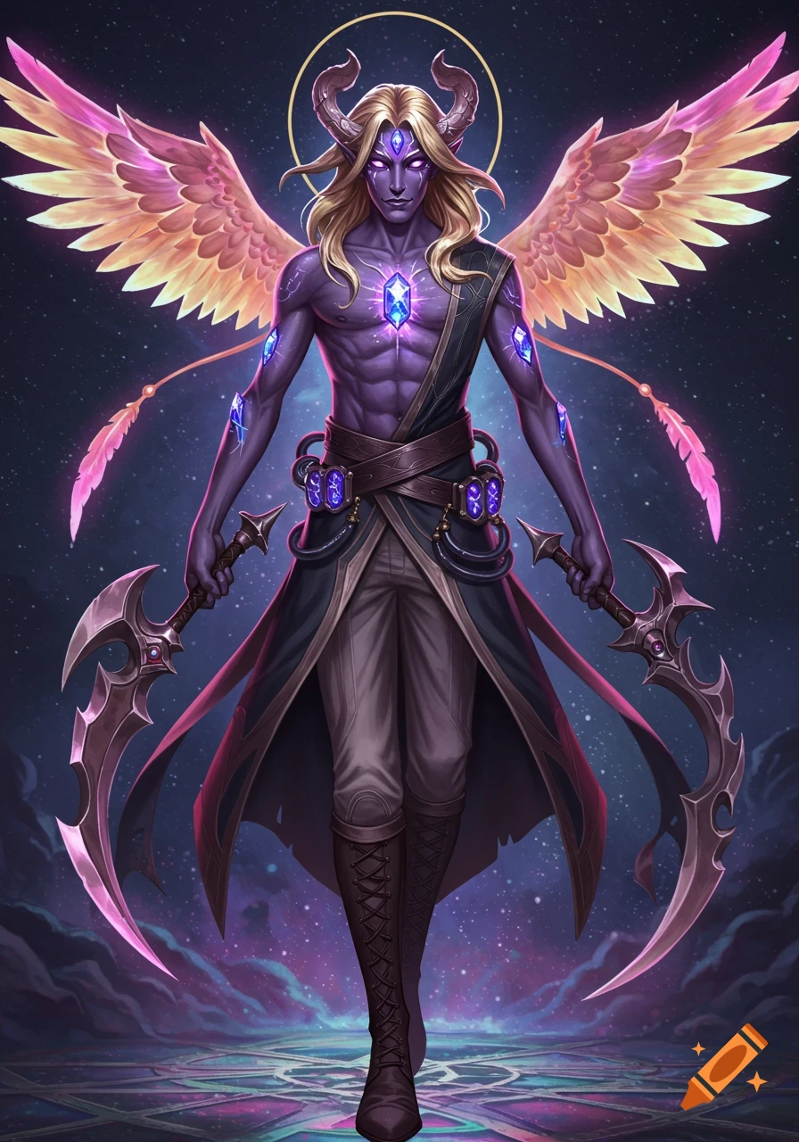 A majestic fantasy figure with purple skin, golden hair, and large, colorful wings stands against a starry background, holding two curved blades.
