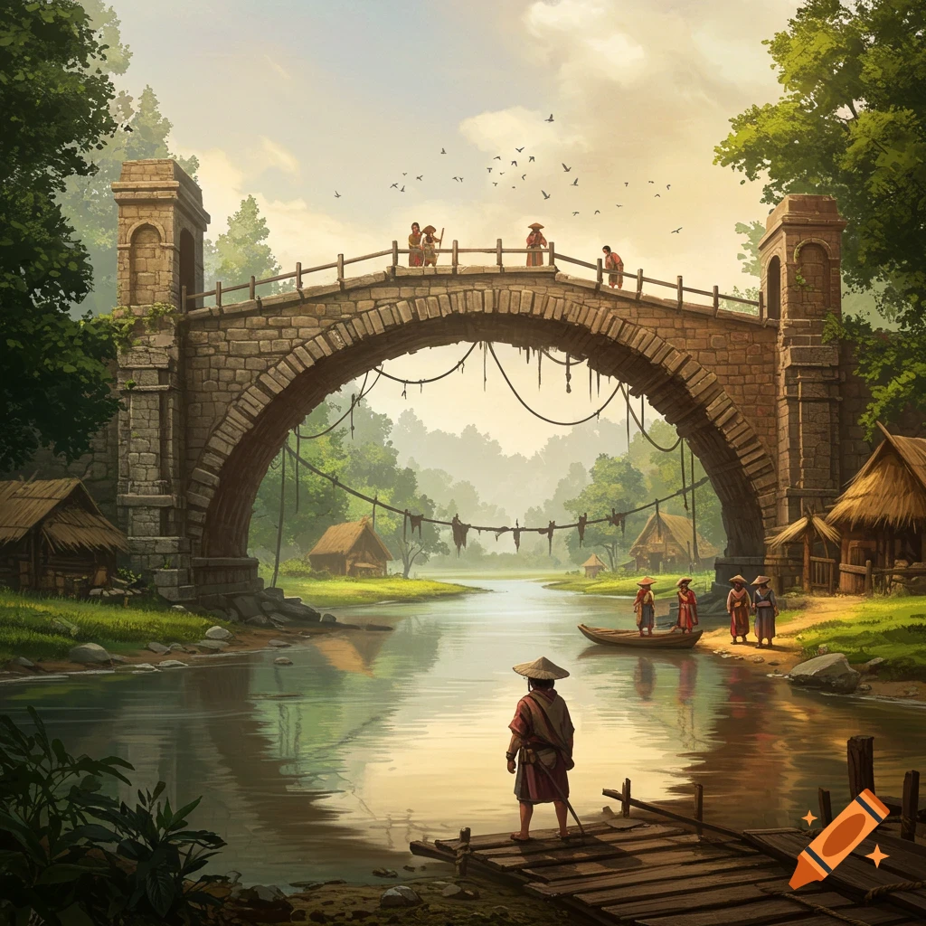 An ancient stone bridge arches over a calm river, connecting a lush, green village with huts. People cross the bridge and stand by the water, in a painterly style.