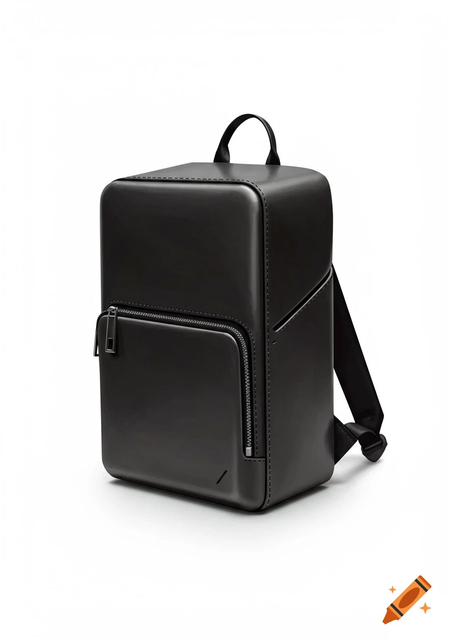 A minimalist black boxy backpack with a zippered front pocket and top handle on a white background.