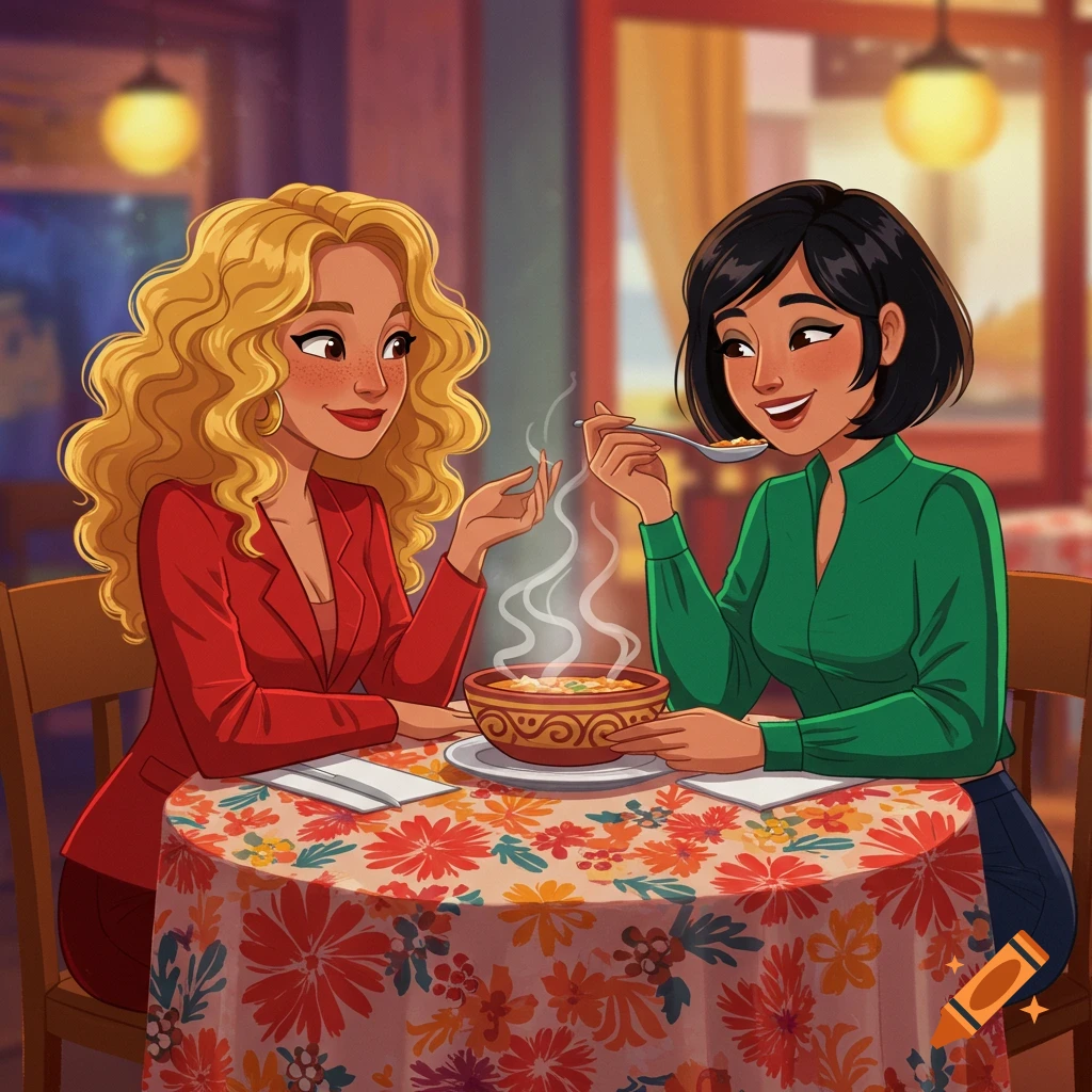 Cartoon illustration of two women, one with blonde hair and one with black hair, eating soup at a colorful floral-patterned table in a restaurant.