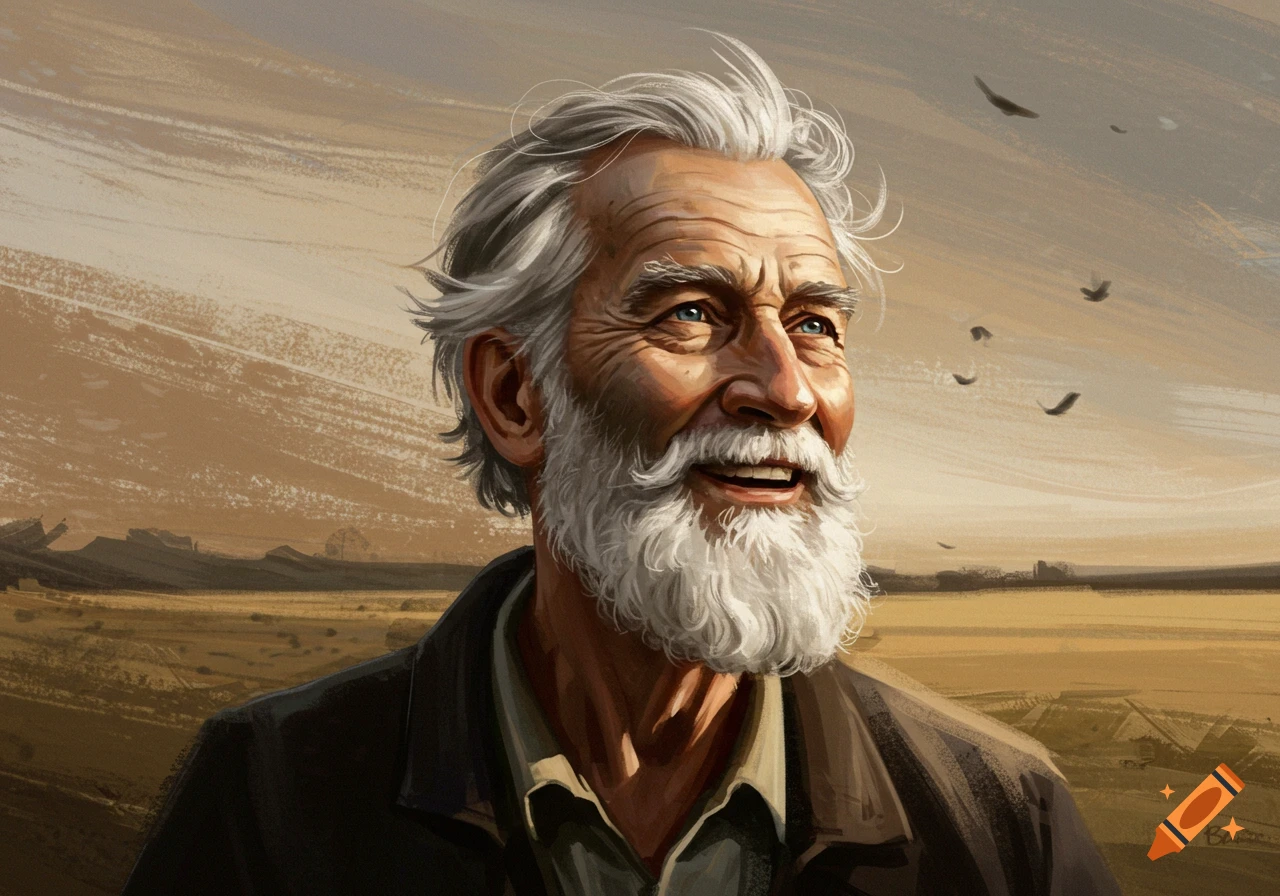 A digital painting of an old man with white hair and a beard smiling and looking upwards, with a subtle landscape background.