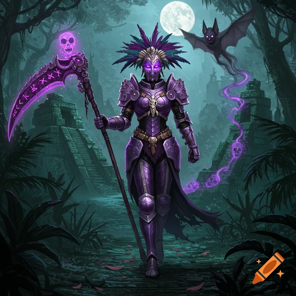 A mystical knight in purple armor with a feathered headdress holds a glowing scythe, walking through a dark jungle with Mayan temples and a bat spirit.