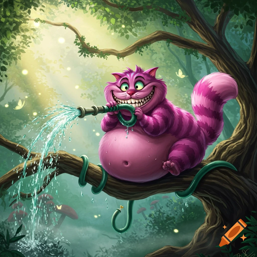 A pink and purple Cheshire cat with a wide grin sits on a tree branch, spraying water from a hosepipe in its mouth. It looks bloated.