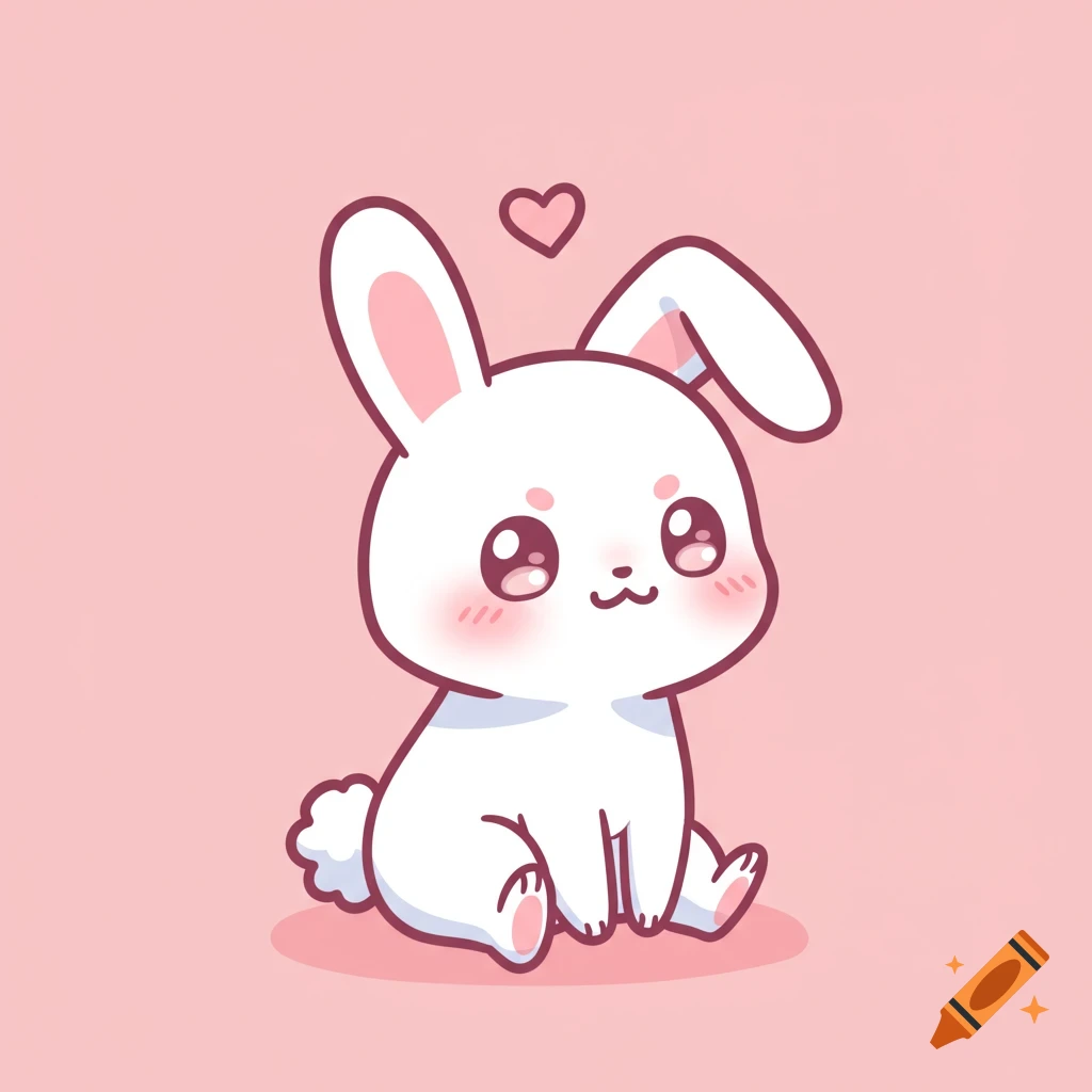 A simple, cute white kawaii bunny with pink ears and cheeks sits on a light pink background, with a small heart floating above its head.