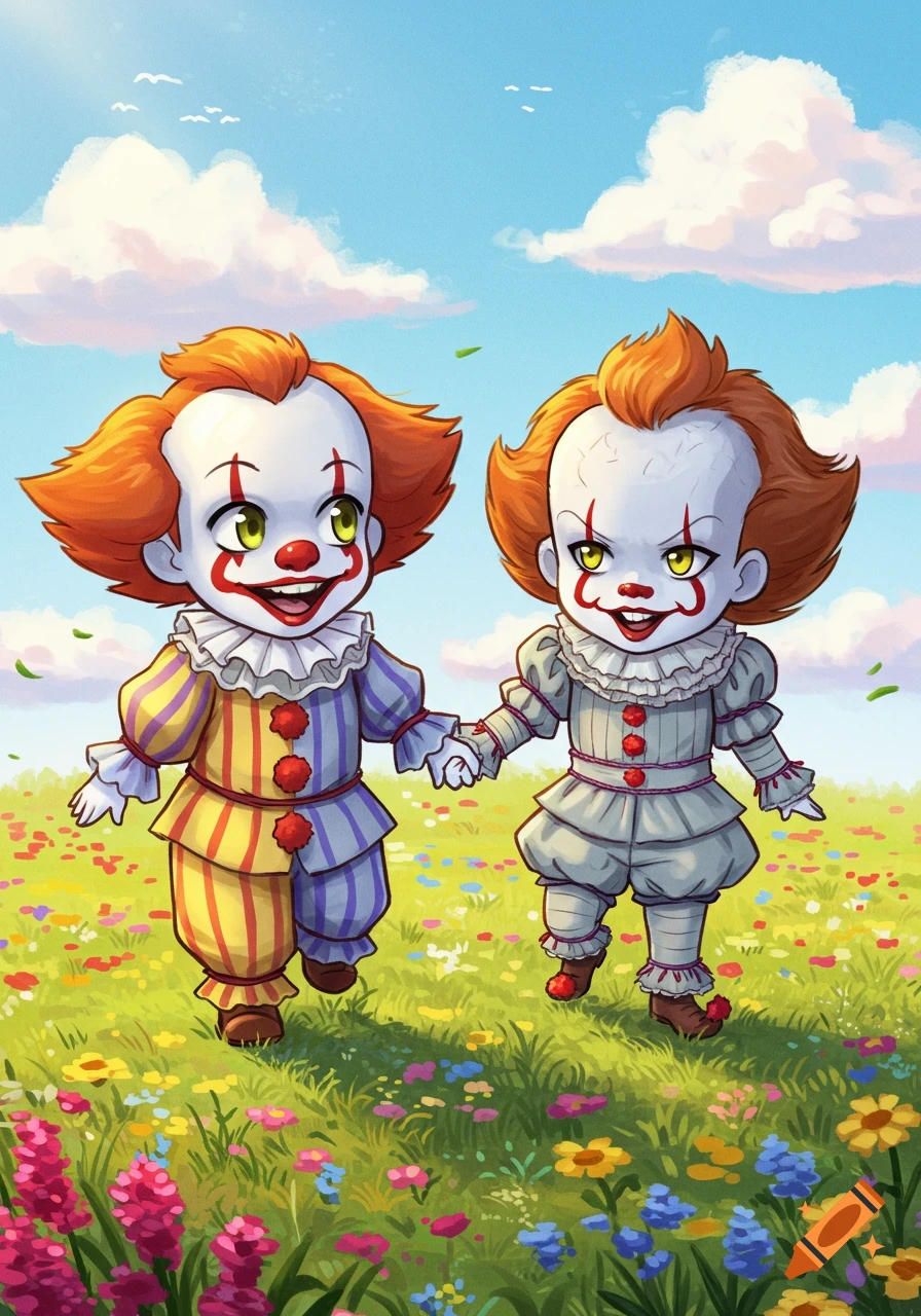 Two chibi clowns, one in striped clothes and one in grey, hold hands and skip through a colorful flower field under a blue sky.