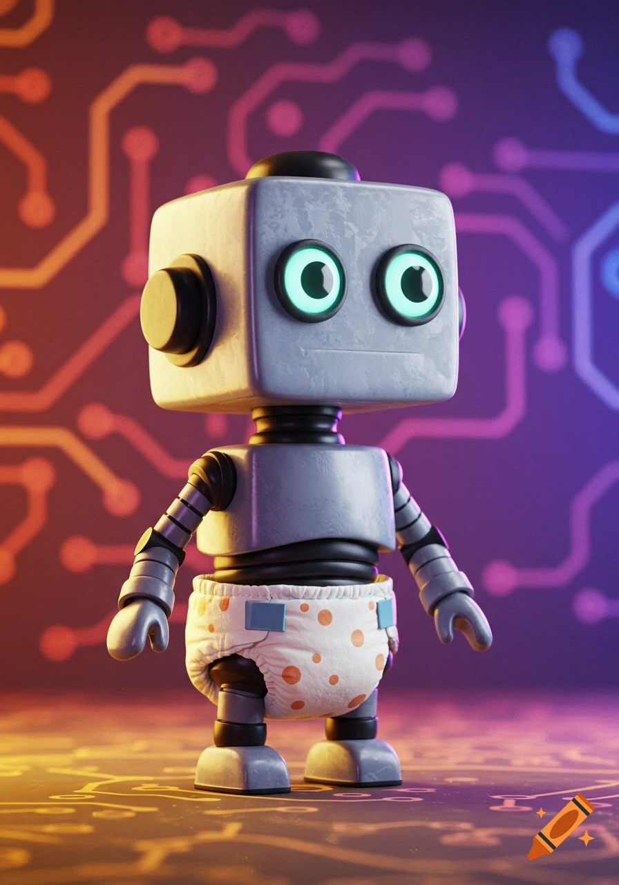 A cute, blocky gray robot wearing a white diaper with orange polka dots, standing on a glowing circuit board background.