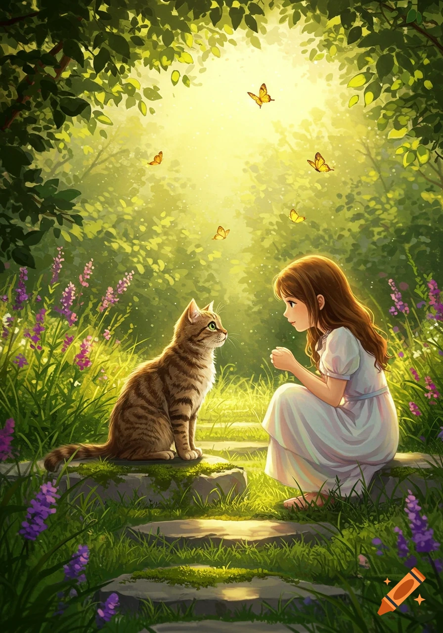 A girl in a white dress kneels facing a tabby cat in a lush, sunlit fantasy garden with purple flowers and yellow butterflies.