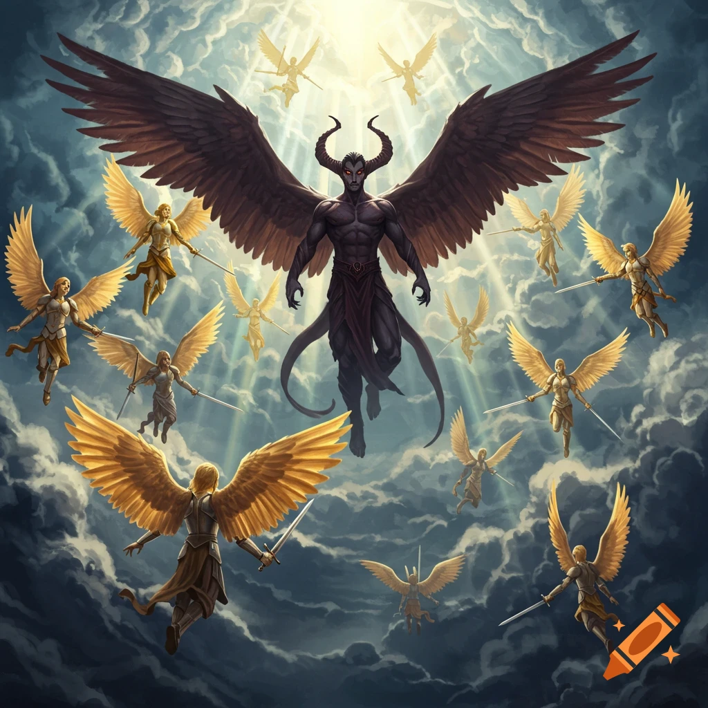 A large, dark demon with horns and vast wings floats amidst numerous golden-winged angels holding swords in a cloudy, light-filled sky.