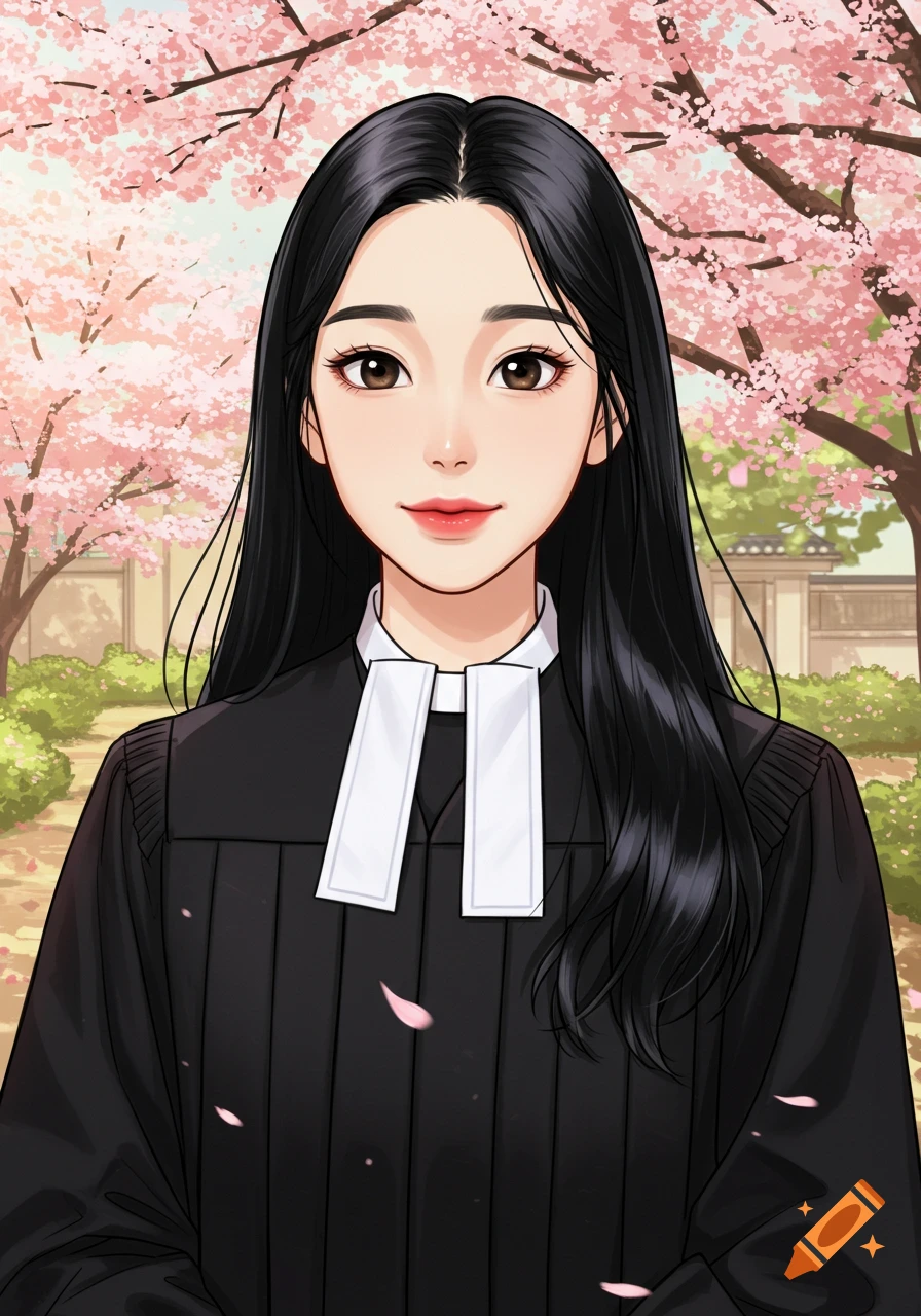 Cartoon portrait of a South Korean woman with long black hair, dressed as a Presbyterian minister, standing under cherry blossom trees.