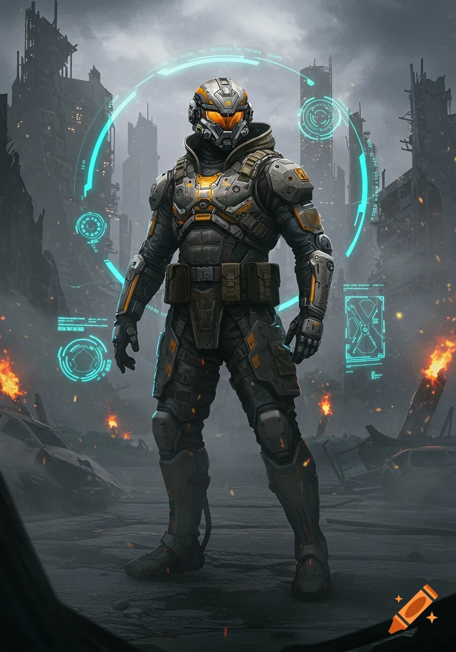 A futuristic warrior in detailed gray and orange combat armor stands in a ruined city with glowing holographic displays.