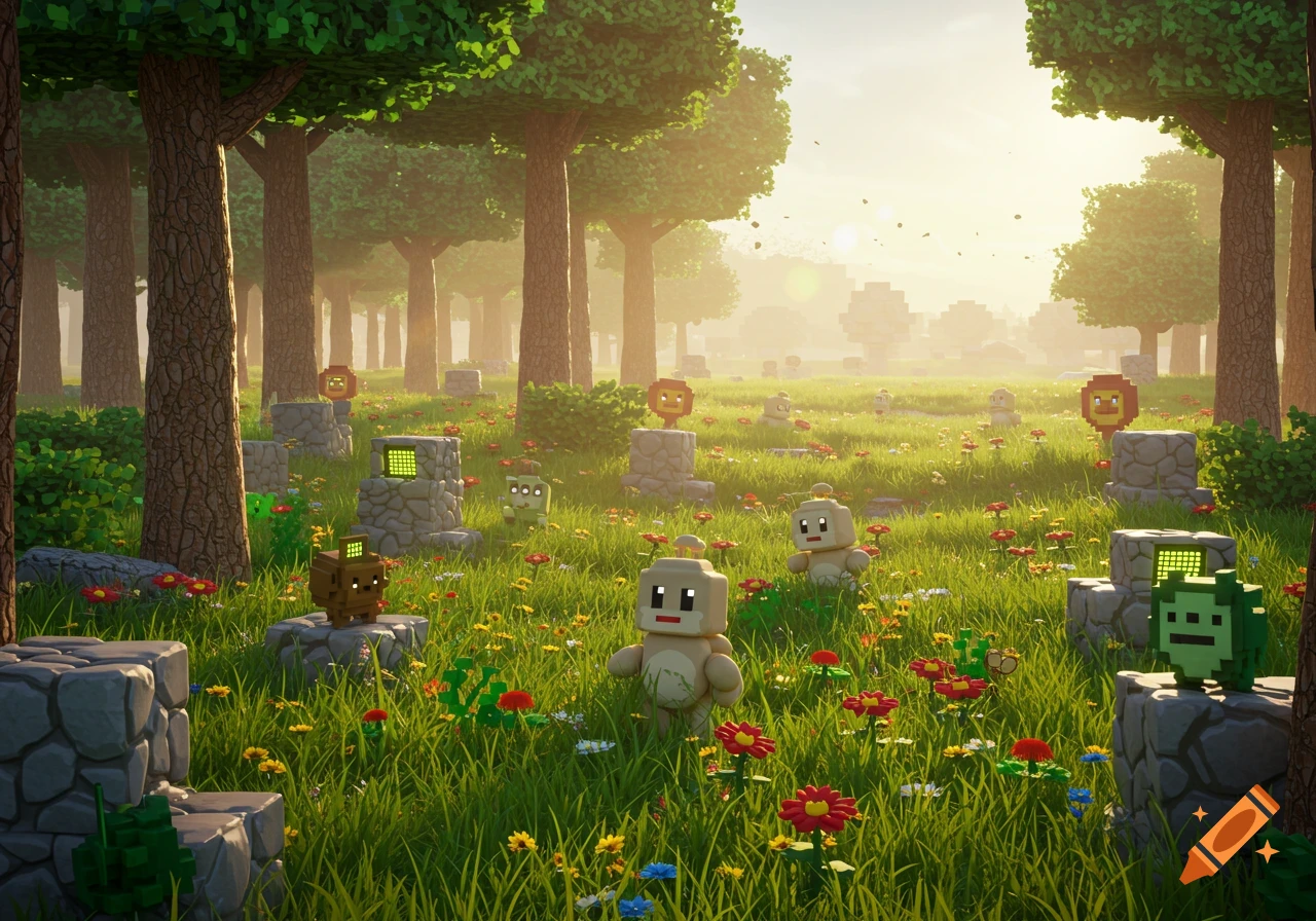 A sunlit, blocky forest clearing filled with small, stylized creatures resembling Pokemon, and stone structures with pixelated screens, among wildflowers and tall grass.