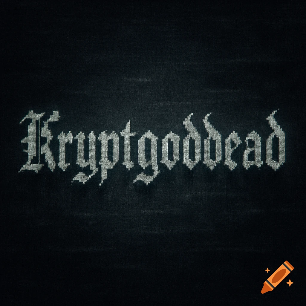 The word 'Kryptgoddead' rendered in a pixilated Old English font against a dark, textured background.