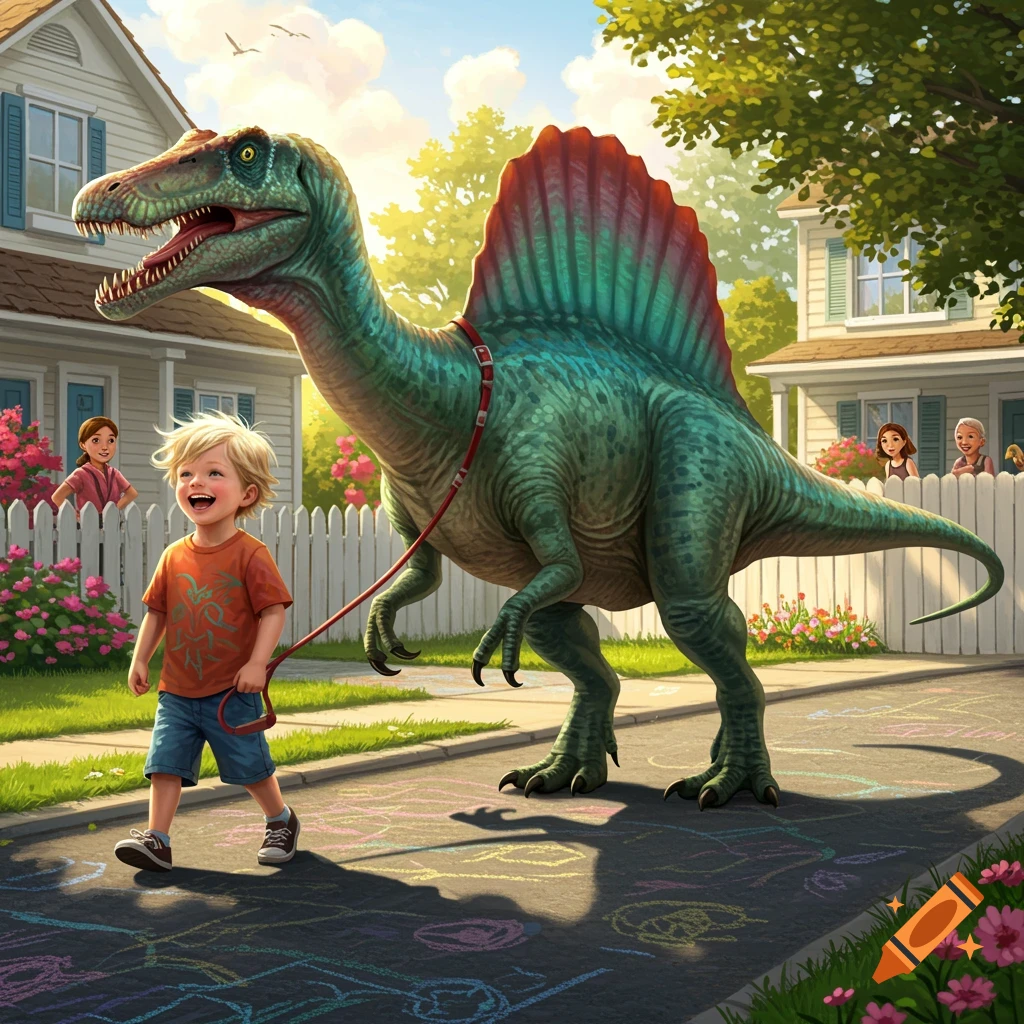 A happy blonde boy walks a large green Spinosaurus on a leash down a suburban sidewalk covered in colorful chalk drawings, with houses and trees in the background.