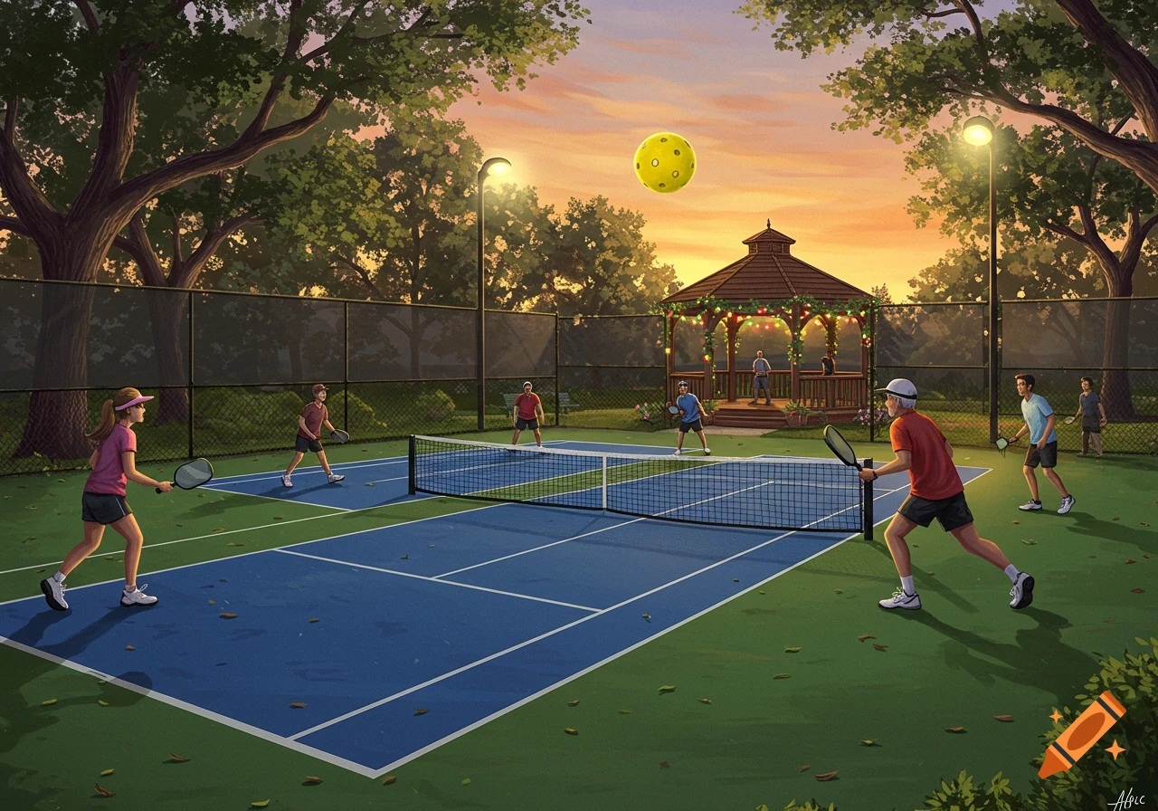People play pickleball on a blue court at sunset, with a yellow pickleball in the air and a decorated gazebo in the background.