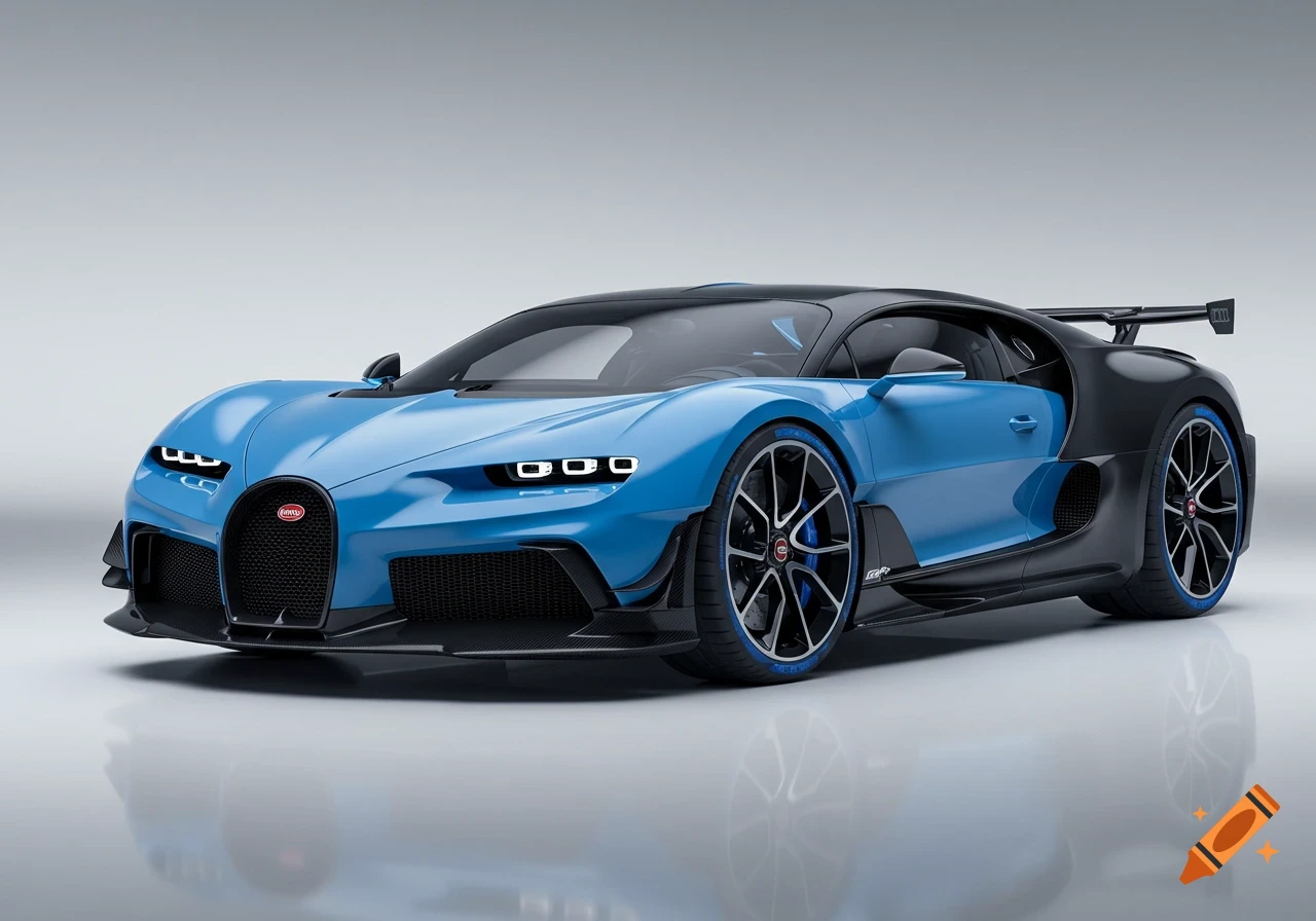 A photorealistic image of a sleek blue and black Bugatti Chiron concept car, viewed from the front three-quarter angle, against a light gray background.