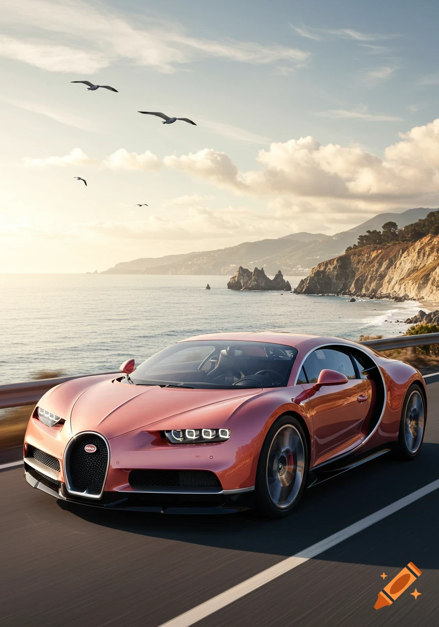 A salmon pink Bugatti Chiron drives along a coastal road with mountains and ocean in the background under a sunny sky with birds flying.
