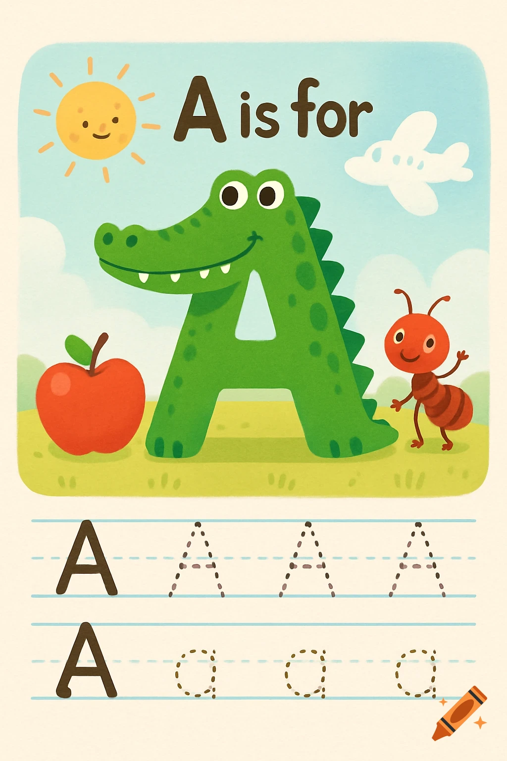 A vibrant children's alphabet worksheet for letter A, with an alligator, apple, and ant, and tracing lines for uppercase and lowercase A.