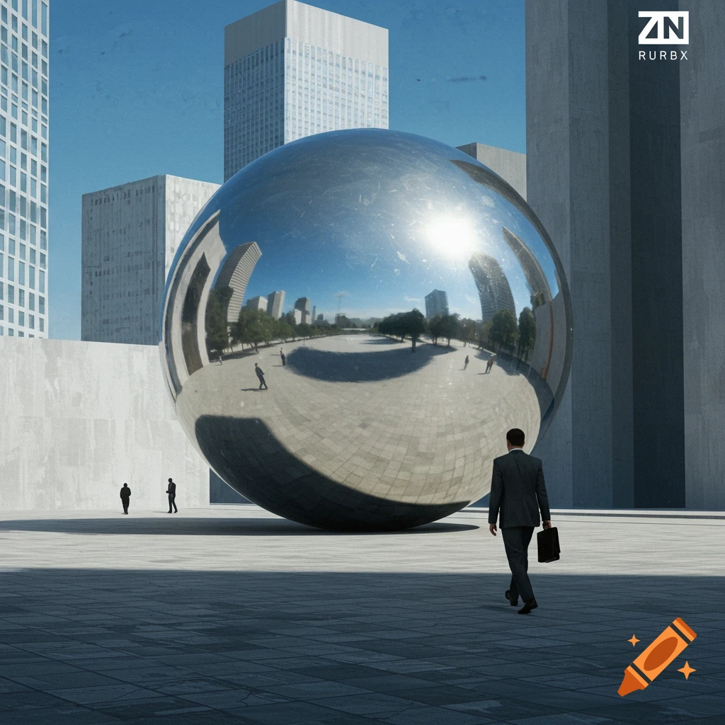A businessman walks toward a giant, highly reflective silver sphere in a stark, modern city square with tall buildings, reflecting the cityscape.
