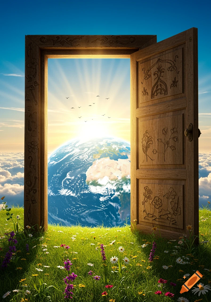 A wooden door stands open in a wildflower meadow, revealing a view of Earth and a sunrise through the doorway with birds flying.