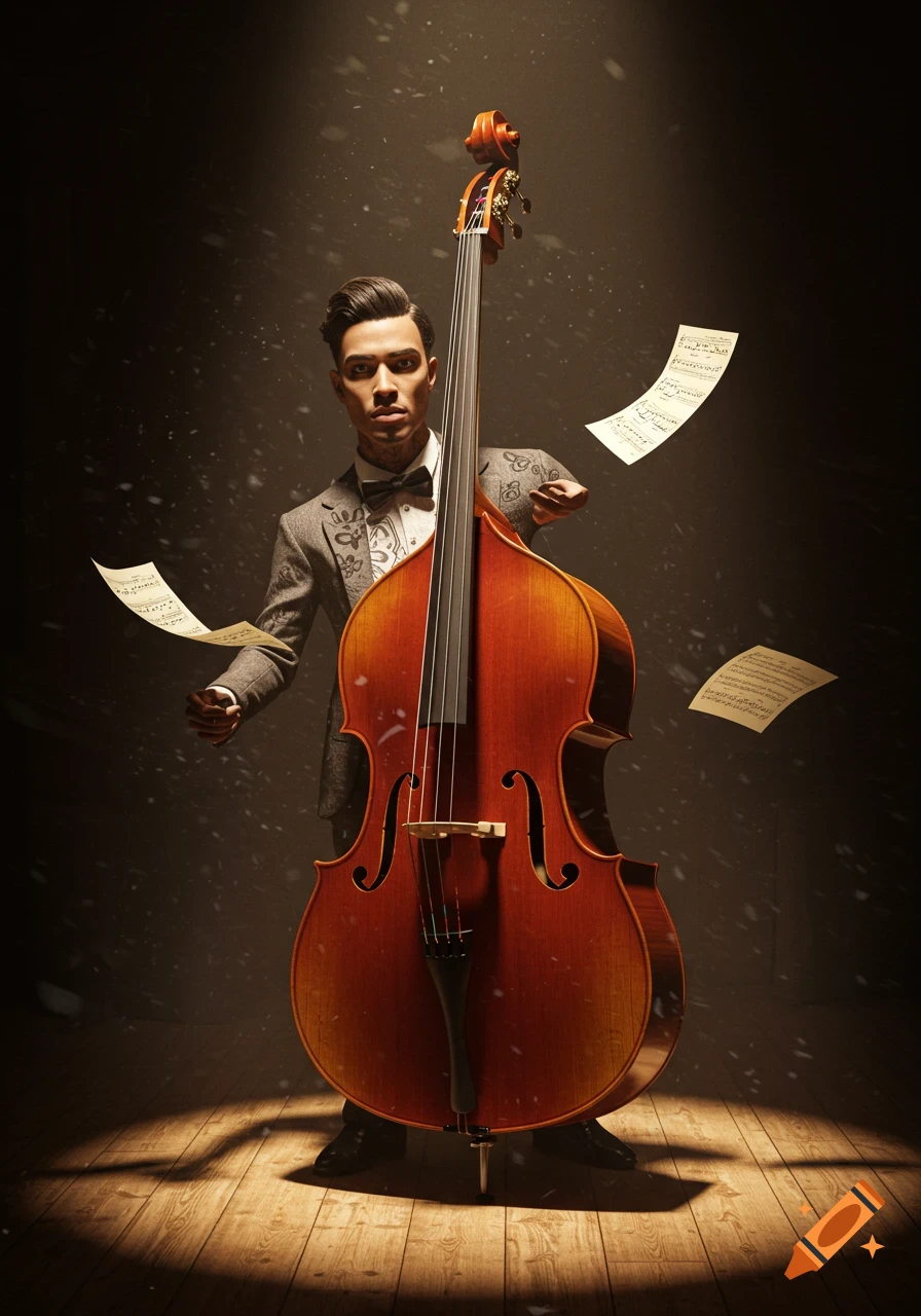 A man in a suit stands behind a double bass under a spotlight, with music sheets floating around him.