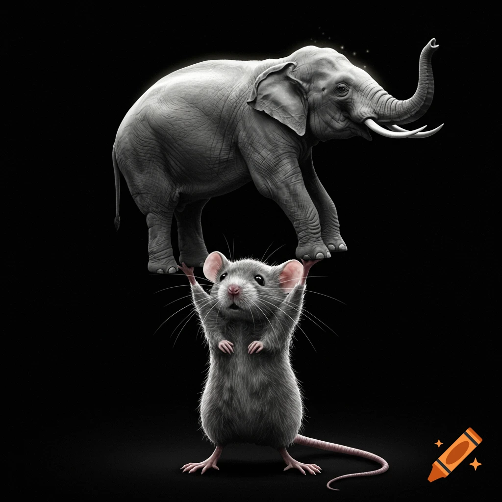 A tiny mouse holding a large elephant above its head on a black background, in a photorealistic style.